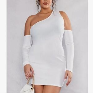 White Ribbed One Shoulder Cut Out Bodycon Dress